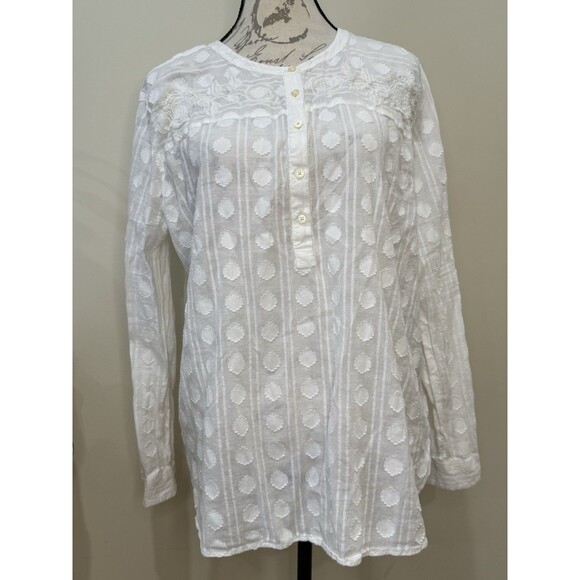 LOFT Tunic Career Top Blouse Sz XL Lightweight Soft Embroidered Polka Dot White - Picture 1 of 8